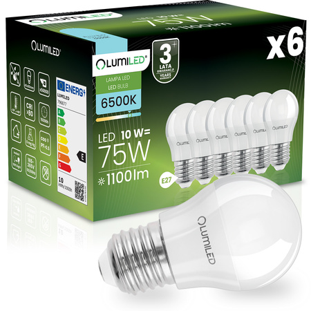 6x LED žárovka E27 kapka P45 10W = 75W 1100lm 6500K studená bílá 180° LUMILED