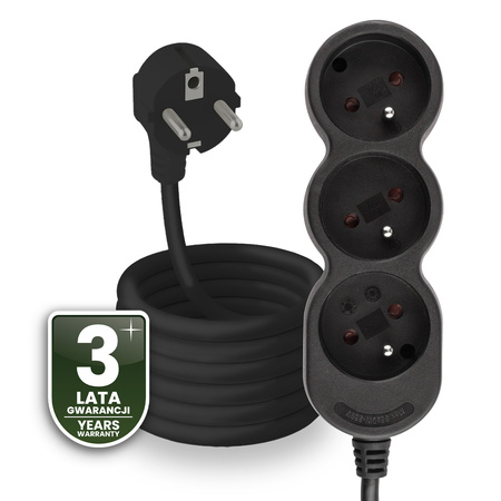 Síťový prodlužovací kabel s uzemněním 3 zásuvky 5m černý kabel Lendo Lumiled