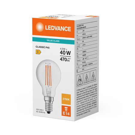 LED žárovka P45 E14 4W = 40W 470lm 2700K teplá bílá FILAMENT LEDVANCE