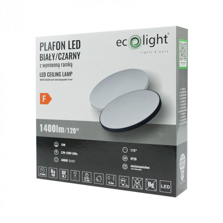Stropní světlo Plafond LED 18W 1400lm 4000K neutrální bílá s výměnným černým nebo bílým rámečkem Ecolight