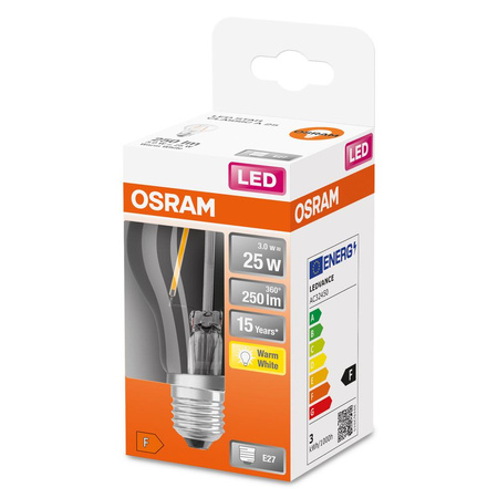LED žárovka E27 A60 CL 3W = 25W 250lm 2700K Teplá bílá 300° vlákno OSRAM STAR