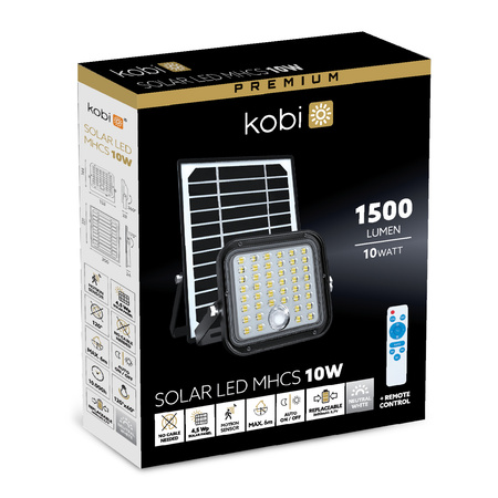 Venkovní solární LED reflektor 10W 1500lm 4000lm neutrální 120° se senzorem pohybu a soumraku IP65 černý MHCS Kobi