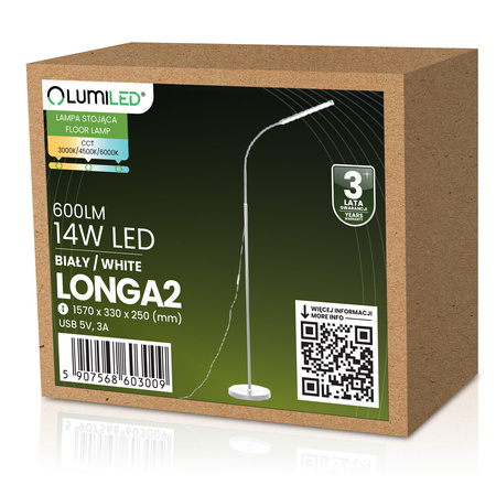 Stmívatelná stojací lampa LED 14W CCT s nastavením výšky LONGA 2 White LUMILED