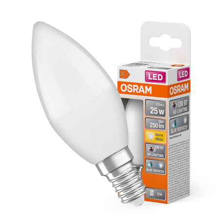 LED žárovka B37 svíčka E14 2,9W = 25W 250lm 2700K teplá bílá CRI>97 200° CLASSIC Osram