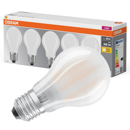 5x LED žárovka E27 A60 7W = 60W 806lm 2700K Teplá bílá 300° vlákno OSRAM