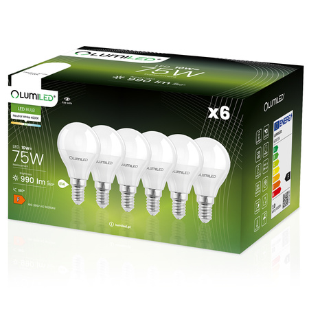 6x Žárovka LED Kulka P45, E14 10W = 75W 990lm 4000K neutrální bílá 180° LUMILED