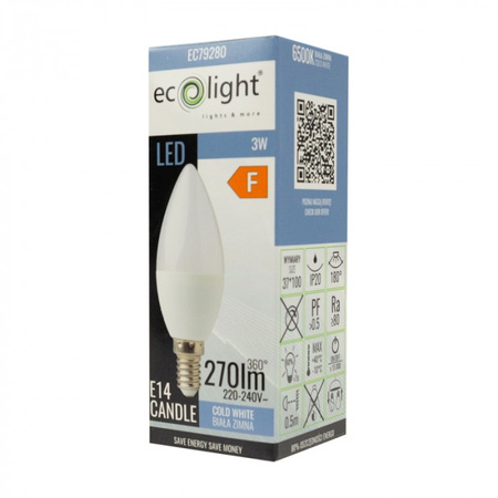 LED žárovka Candle B37 E14 3W 270lm 6500K Cold Ecolight