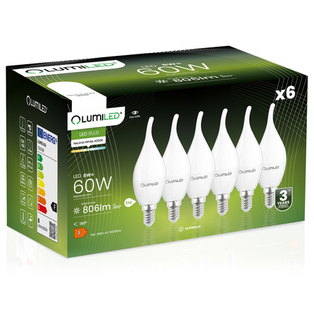 6x LED žárovka E14 BA35 8W = 60W 806lm 4000K Neutrální bila 180° LUMILED