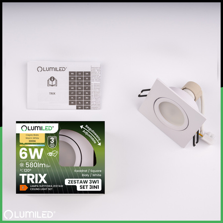 TRIX 3v1 GU10 6W 3000K WHITE MAT LUMILED čtvercové pohyblivé halogenové svítidlo pro zapuštěnou montáž