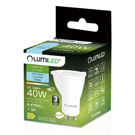 LED žárovka GU10 Reflector PAR16 3,4W = 40W 470LM 6500K Cold 38° LUMILED