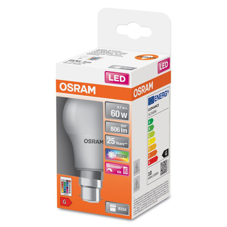 LED žárovka A60 B22d 9,7W = 60W 806lm 2700K RGBW 200° stmívatelná Pilot Retrofit Filament Osram