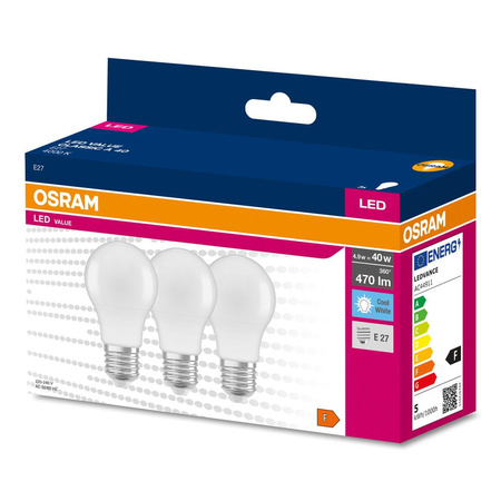 3x LED žárovka E27 A60 4.9W = 40W 470lm 4000K neutrální bílá 200° OSRAM Hodnota