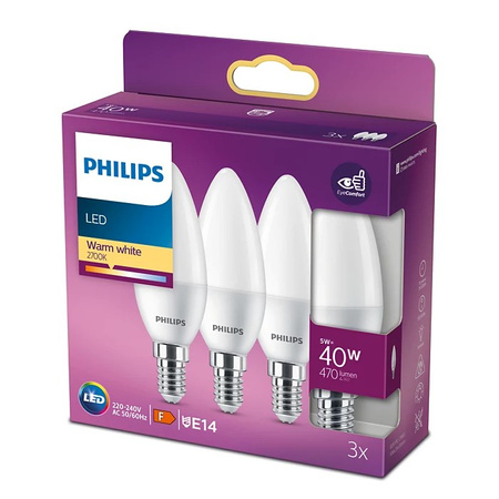 3x LED svíčková žárovka E14 B35 4,9W = 40W 470lm 2700K teplá bílá matná PHILIPS