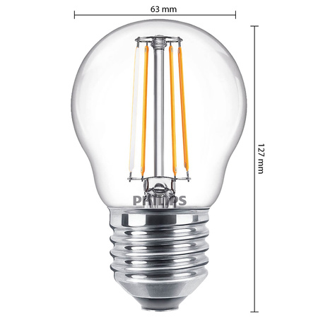 LED žárovka E27 P45 4.3W = 40W 470lm 2700K Teplá bílá vlákno PHILIPS