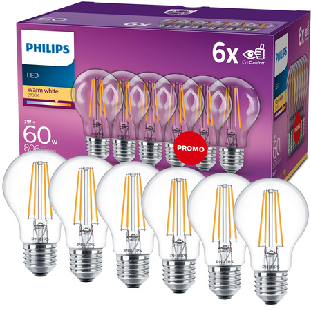 6x LED Žárovka E27 A60 7W = 60W 806lm 2700K Teplá bílá vlákno PHILIPS
