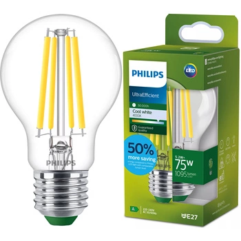 LED žárovka E27 A60 5.2W = 75W 1095lm 4000K Neutrální bila vlákno PHILIPS Ultra Efficient