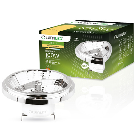 Žárovka LED G53, AR111 15W = 100W 1521lm 3000K Teplá bílá 24° 12V DC Stříbrná LUMILED