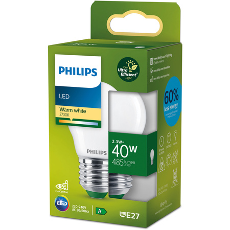 LED žárovka E27 Ball P45 2,3W = 40W 485lm 210lm/W 2700K Warm 300° CLASS A UltraEfficient Philips