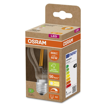 LED žárovka A60 E27 4,3W = 60W 806lm 2700K Warm 300° Dimmable CLASSIC Osram
