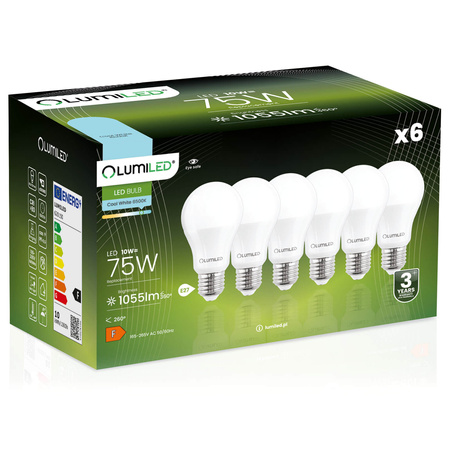 6x LED žárovka A60 E27 10W = 75W 1055lm 6500K Studená bílá 260° LUMILED