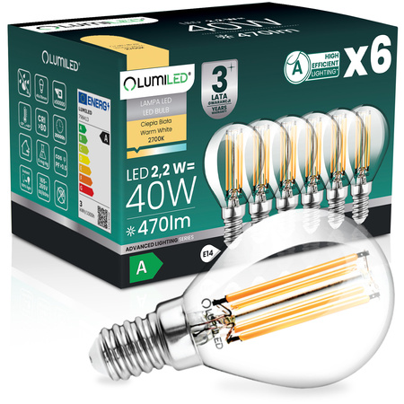 6x LED žárovka E14 kapka P45 2,2W 470lm = 40W 2700K teplá bílá 360° Filament energetická třída A LUMILED