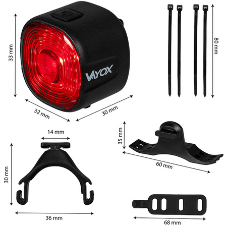 Zadní svítilna na kolo červená SMART USB-C 6 režimů IP66 POWERFUL VAYOX