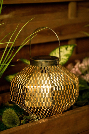 LED solární lampa Lucerna zahradní vlákno LANTERN závěsná kovová měď