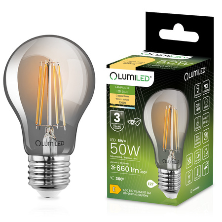 Žárovka LED A60, E27 6W = 50W 660lm 2200K Teplá bílá 360° Filament Smokey LUMILED