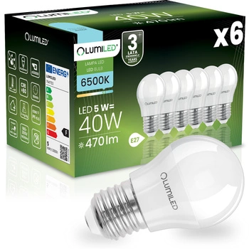6x Žárovka LED E27, P40 5W = 40W 470lm 6500K Studená bílá 180° LUMILED