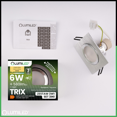 TRIX 3v1 GU10 6W 4000K Brushed Silver LUMILED čtvercové halogenové svítidlo k zapuštění do zdi