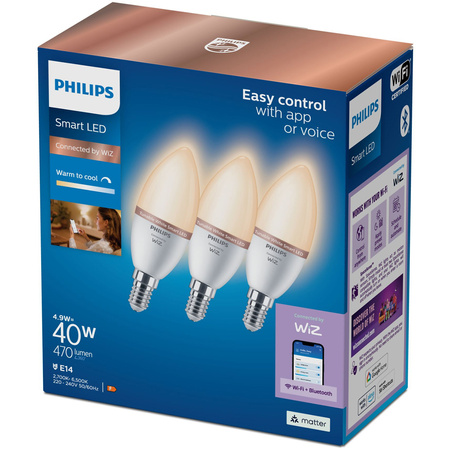 3x LED žárovka E14 C37 4,9W = 40W 470lm 2700-6500K SMART WiFi Philips WiZ