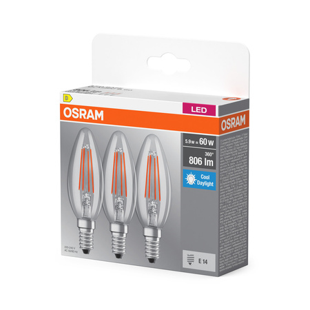 3x LED žárovka B35 svíčka E14 5,9W = 60W 806lm 6500K studená bílá 300° BASE Osram
