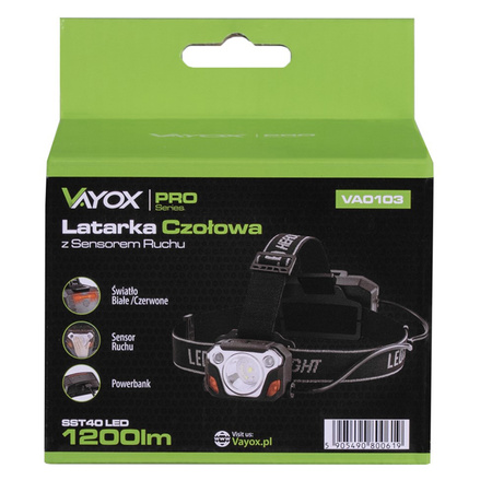 Nabíjecí čelovka 1200 lm SST40 + senzor pohybu IP44 6 režimů VA0103 Vayox
