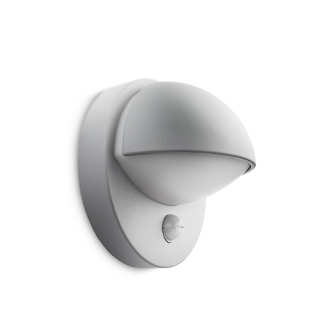 PHILIPS Zahradní venkovní nástěnné svítidlo JUNE E27 IP44 s pohybovým čidlem kulaté šedé