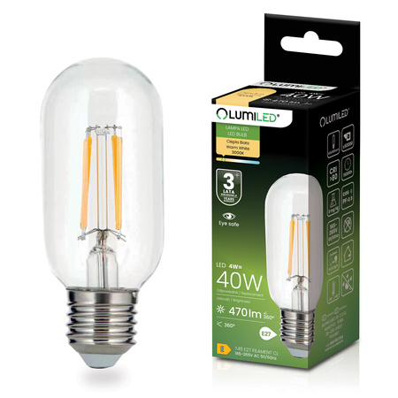 LED žárovka E27 T45 FILAMENT 4W = 40W 470LM 3000K teplá bílá 360° Dekorativní LUMILED