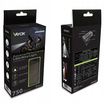 Svítilna LED Cyklistická svítilna Držák USB-C Světlo 10 režimů 750lm IP65 Funkce Powerbanka VAYOX