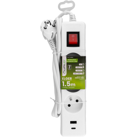 Síťový prodlužovací kabel s uzemněním 3 zásuvky 1,5 m vypínač bílý USB + USB-C kabel ELGER Lumiled
