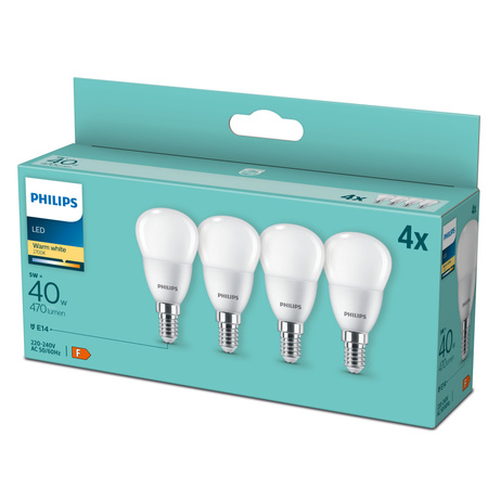4x LED žárovka E14 Ball P45 4,9W = 40W 470lm 2700K Warm Essential Philips