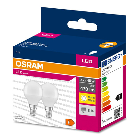 2x LED žárovka E14 P45 4.9W = 40W 470lm 2700K Teplá bílá 200° OSRAM HODNOTA