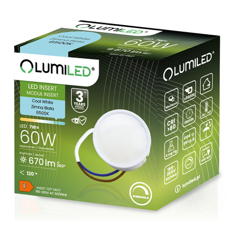 10x LED Vložka do Svítidel Modul INSERT Mléčný 7W = 60W 120° 670lm 6500K Studený Stmívatelný LUMILED