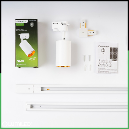 Osvětlovací lišta 3m + 5x reflektor lištový, GU10 Bílý Zlatý SAGI + Spojka L LUMILED