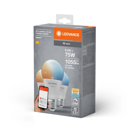 LED žárovka E27 9,5W = 75W 1055lm CCT Stmívatelná SMART+ WiFi Classic Ledvance
