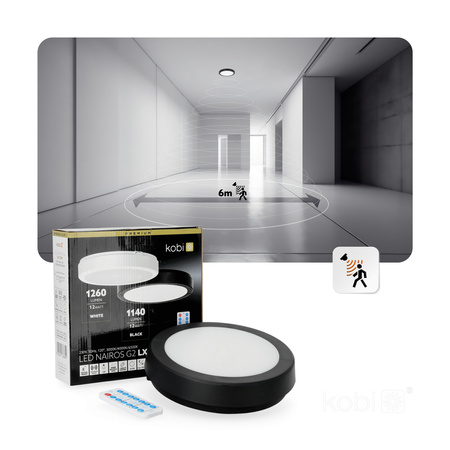 LED stropní svítidlo do koupelny s povrchovou montáží 12W 1140lm 4000K 120° s pohybovým a soumrakovým senzorem černé IP65 Nairos Kobi