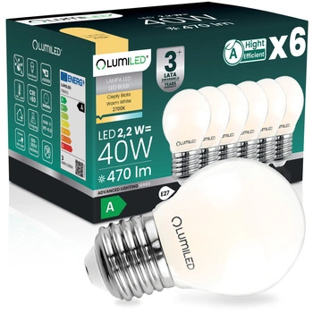 6x LED žárovka E27 kapka P45 2,2W 470lm = 40W 2700K teplá bílá 360° Filament energetická třída A LUMILED