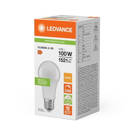 LED žárovka E27 A60 14W = 100W 1521lm 2700K teplá bílá 200° Dimmable Ledvance