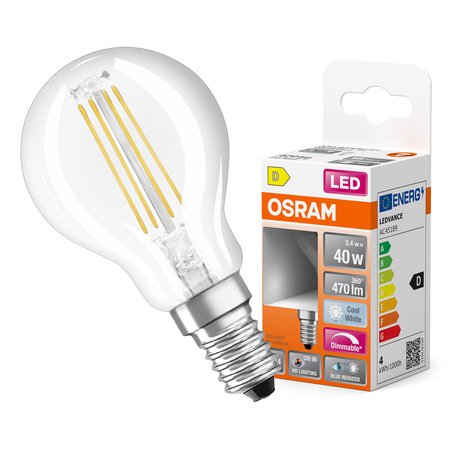 LED žárovka P45 Ball E14 3,4W = 40W 470lm 4000K Neutrální CRI90 300° Stmívatelné vlákno SUPERSTAR PLUS CLASSIC Osram