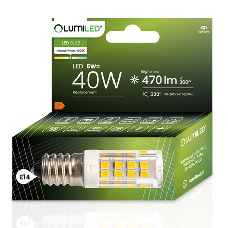Žárovka LED E14, T25 5W = 40W 470lm 4000K Neutrální bílá 320° LUMILED
