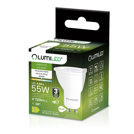 10x LED žárovka GU10 s reflektorem PAR16 5,2W = 55W 720LM 4000K neutrální bílá 38° LUMILED