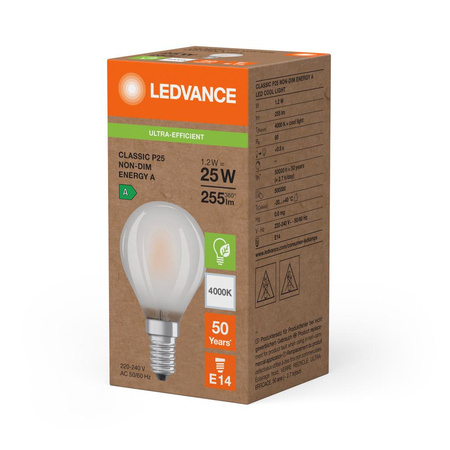 LED žárovka kulová E14 P45 1,2W = 25W 255lm 4000K neutrální bílá 330° Ledvance