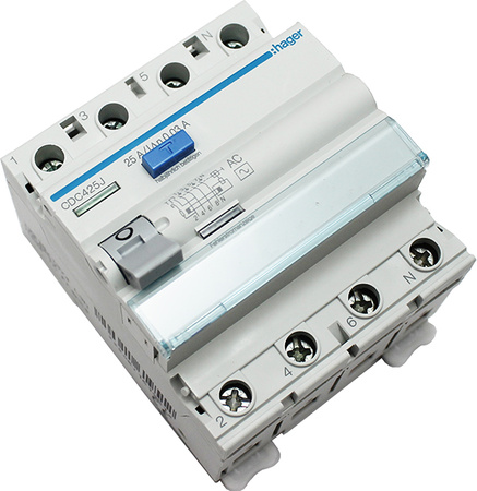 Proudový chránič RCCB Pojistka 3P+N 25A 30mA 6kA AC HAGER